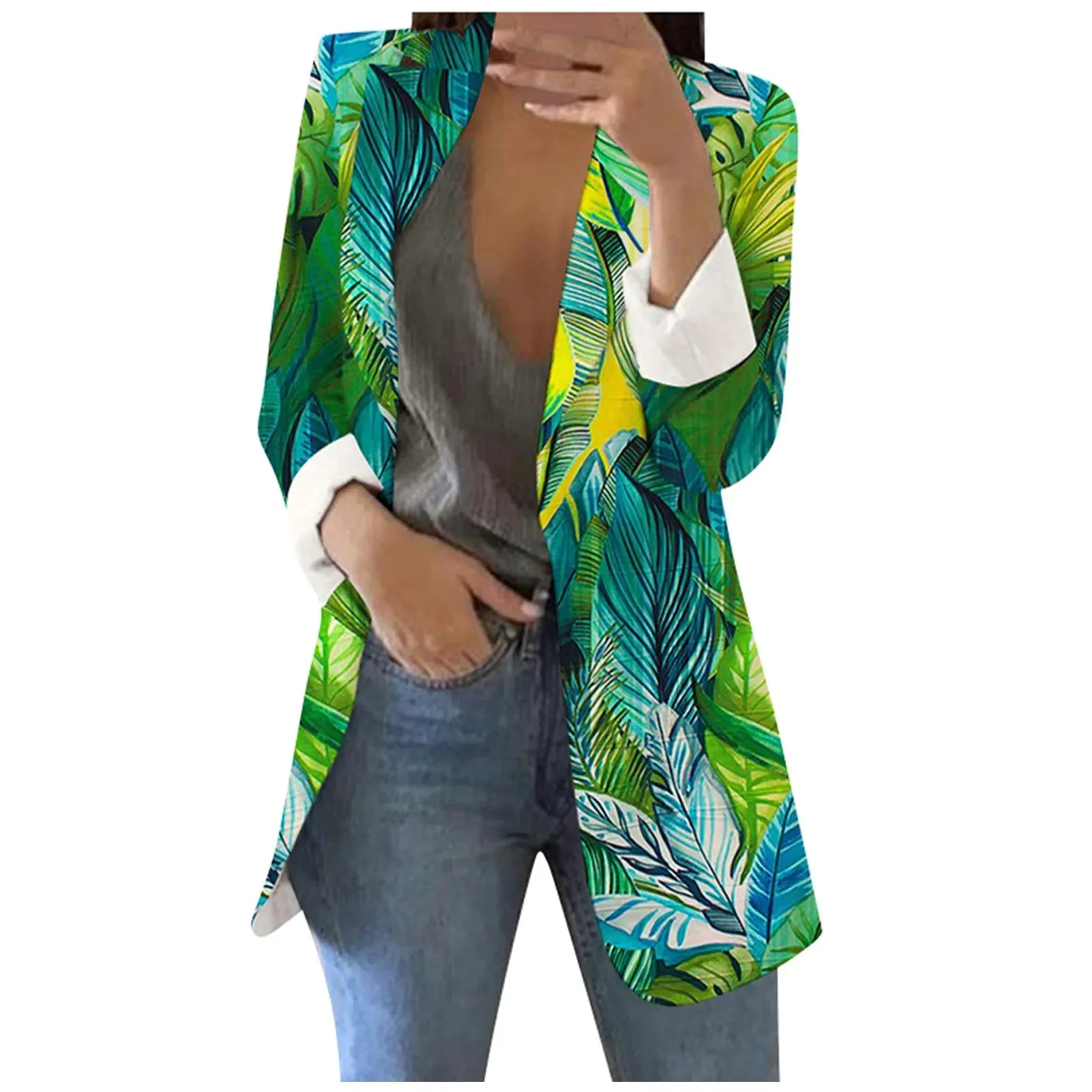 Feeling Alive Leaf Print Longline Blazer Jacket