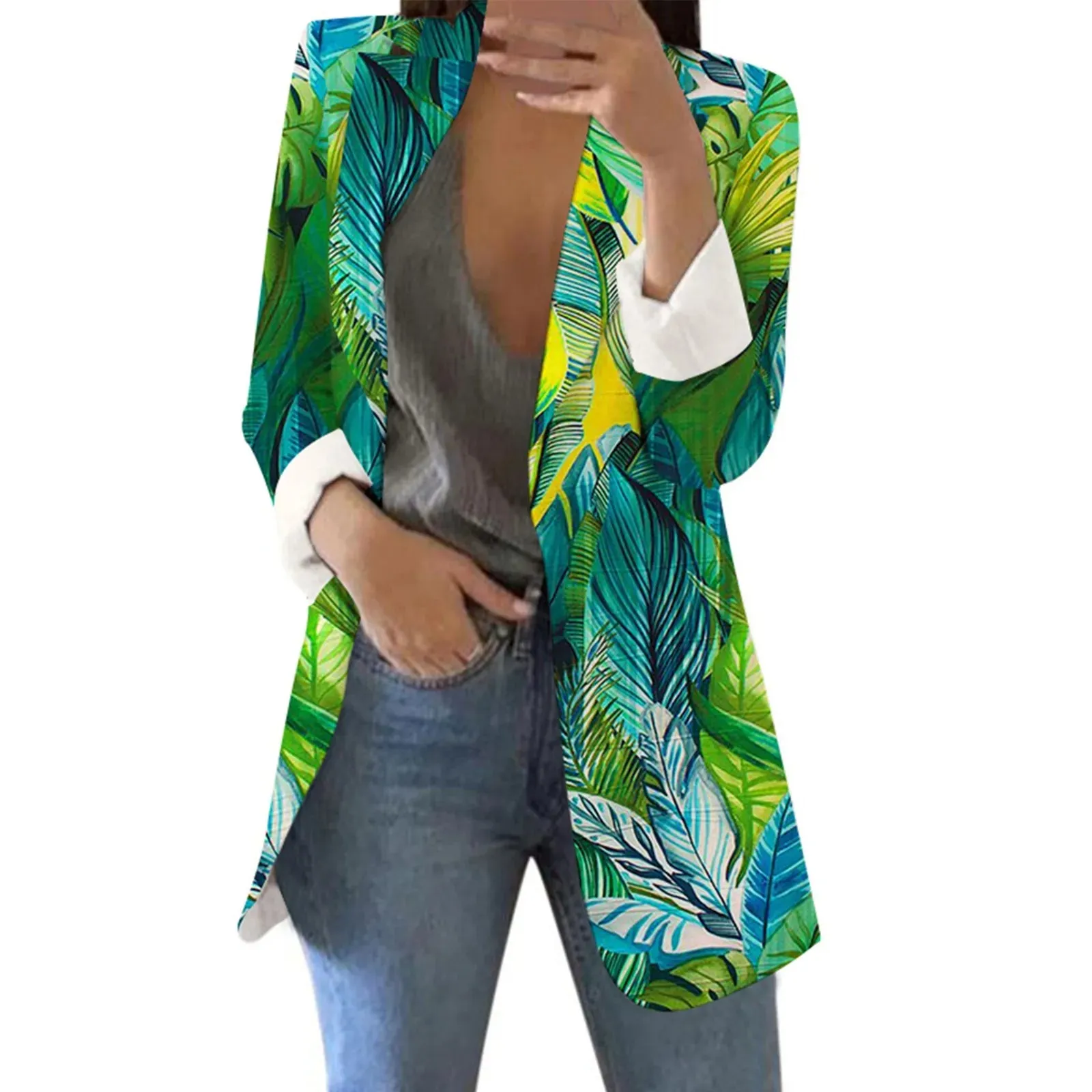 Feeling Alive Leaf Print Longline Blazer Jacket