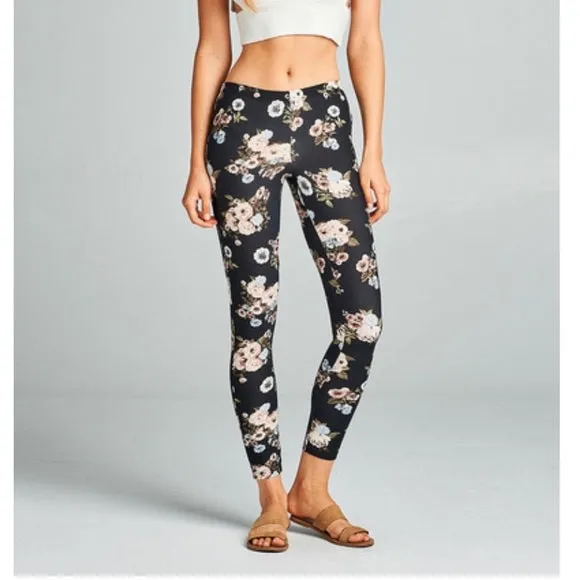 Floral Leggings Stretch Yoga Lounge Ankle Lightweight Pants Gym Workout Black Mauve