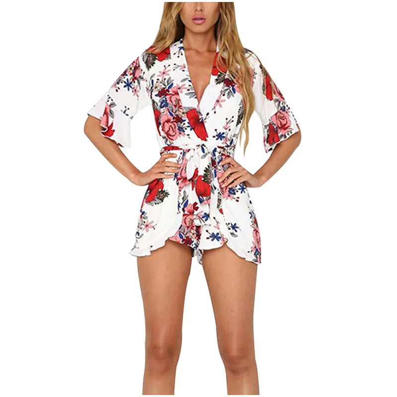 Floral Print Boho Chiffon Sexy V-Neck Flare Lace Up Casual Jumpsuits