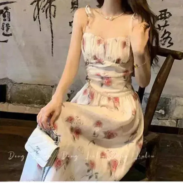 Floral Slip Dress Waist Slimming Seaside Vacation Mid-length Dress