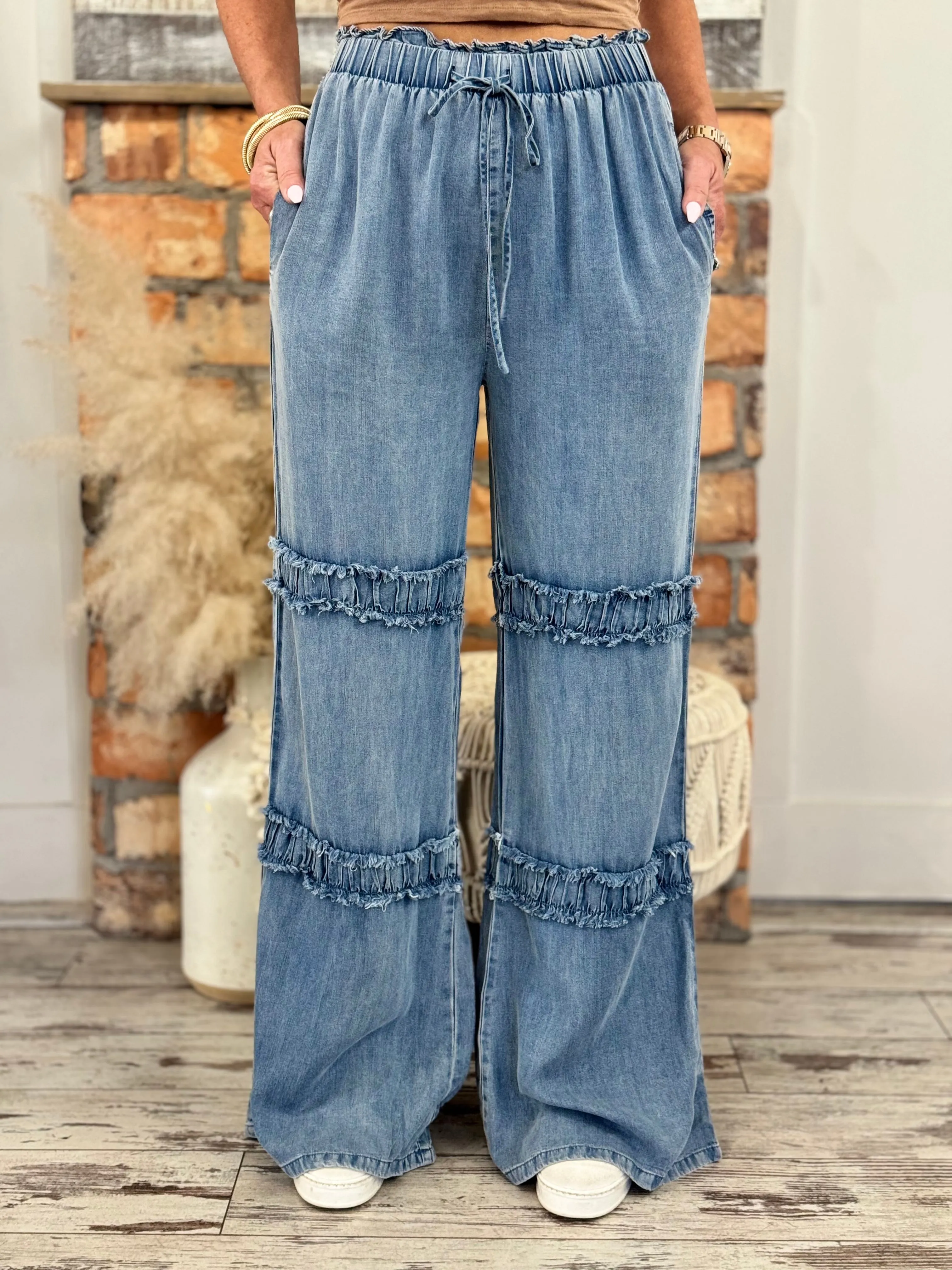 Frayed Ruffle Wide Leg Tencel Pants