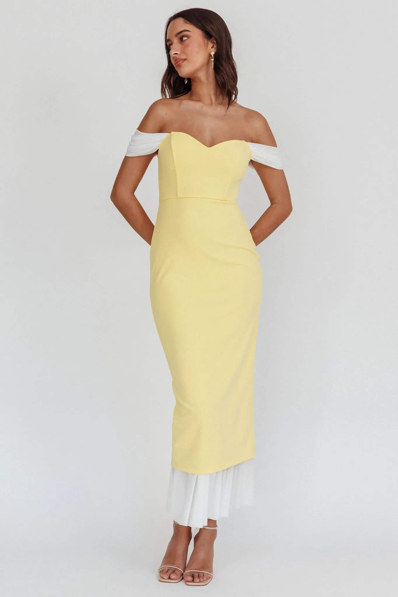 Freesia Off Shoulder Bodycon Midi Dress Lemon