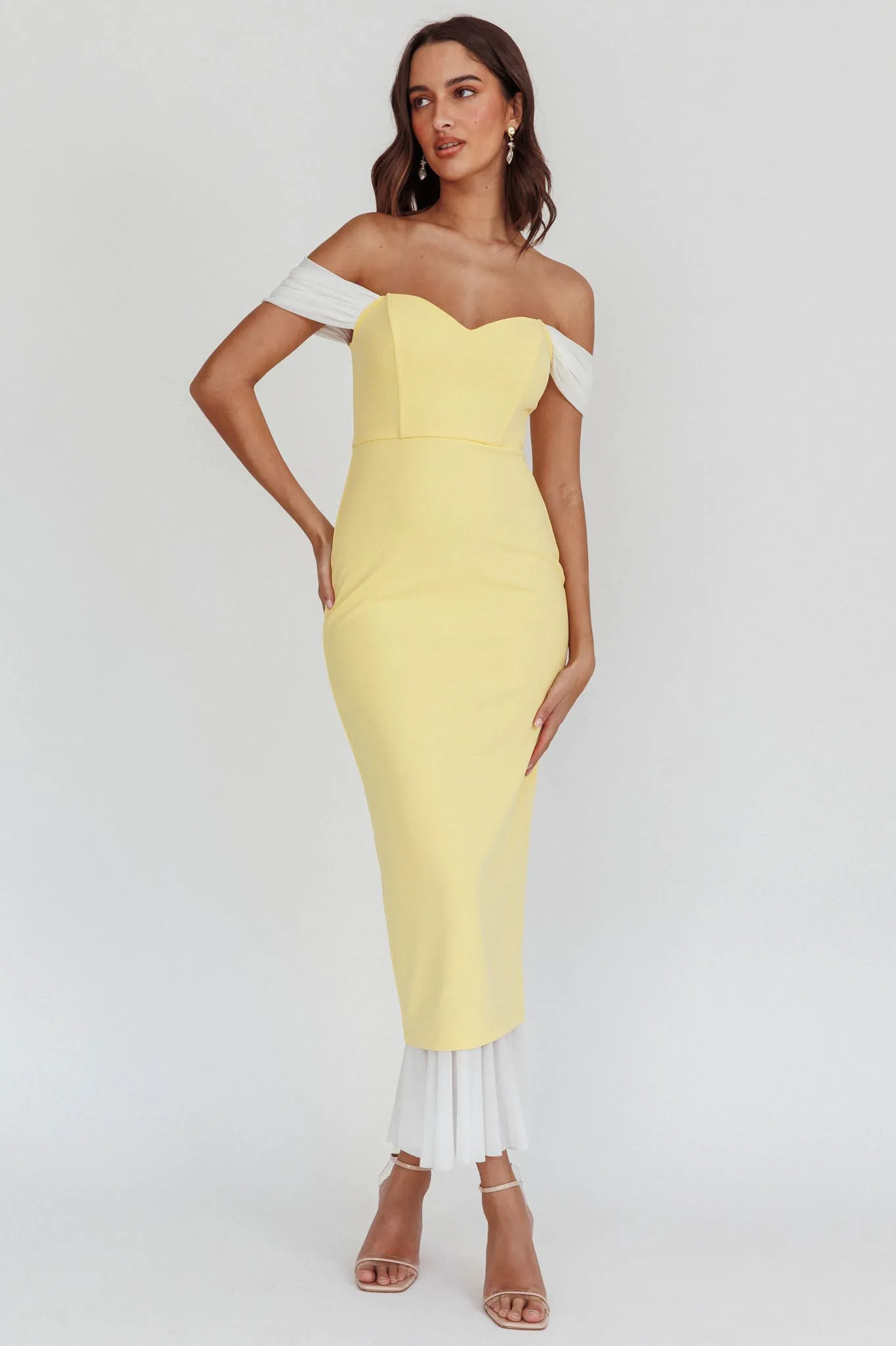 Freesia Off Shoulder Bodycon Midi Dress Lemon