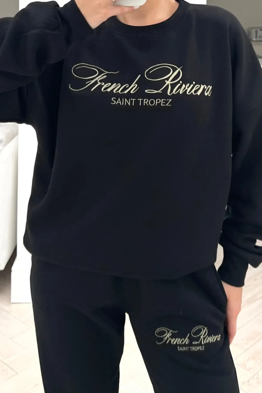 French Riviera black embroidered jogger sweater loungewear set