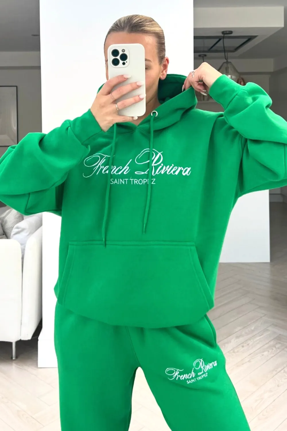 French Riviera bottle green embroidered hoodie loungewear set