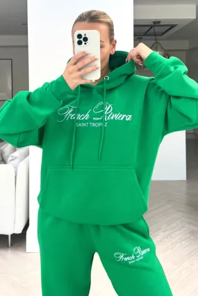 French Riviera bottle green embroidered hoodie loungewear set