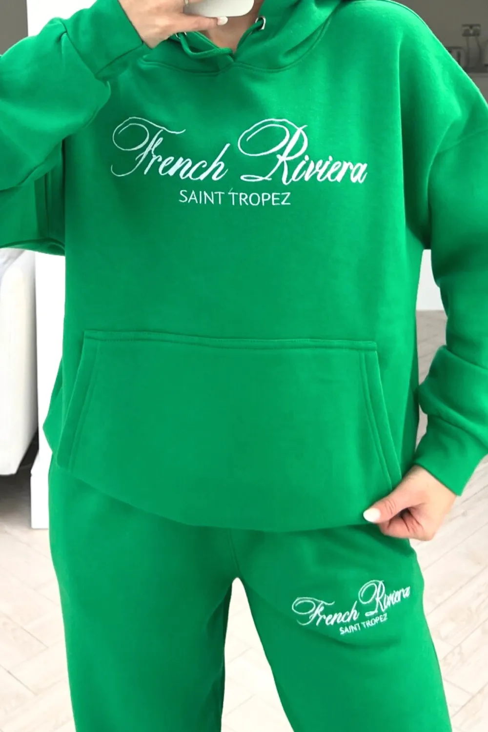 French Riviera bottle green embroidered hoodie loungewear set