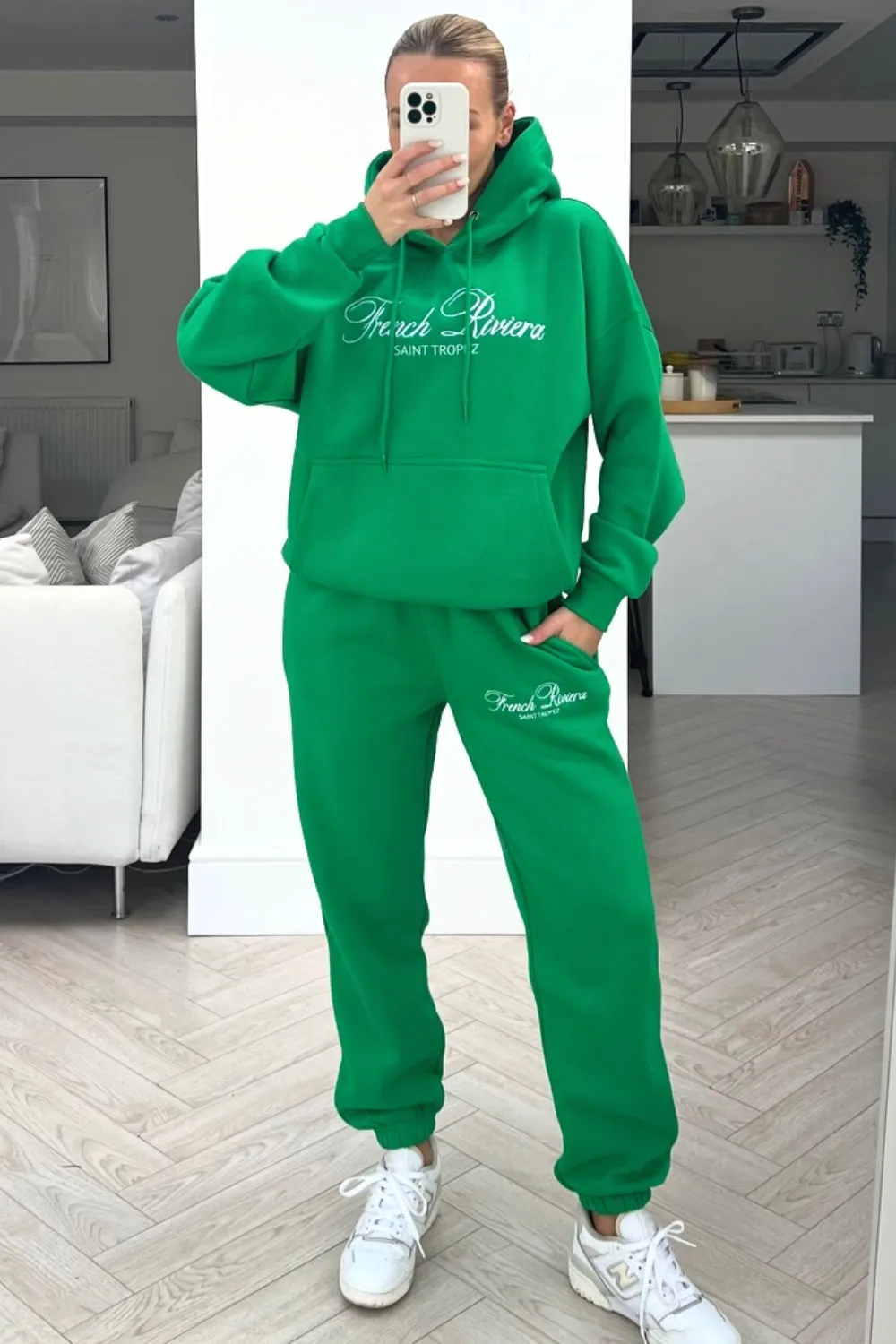 French Riviera bottle green embroidered hoodie loungewear set