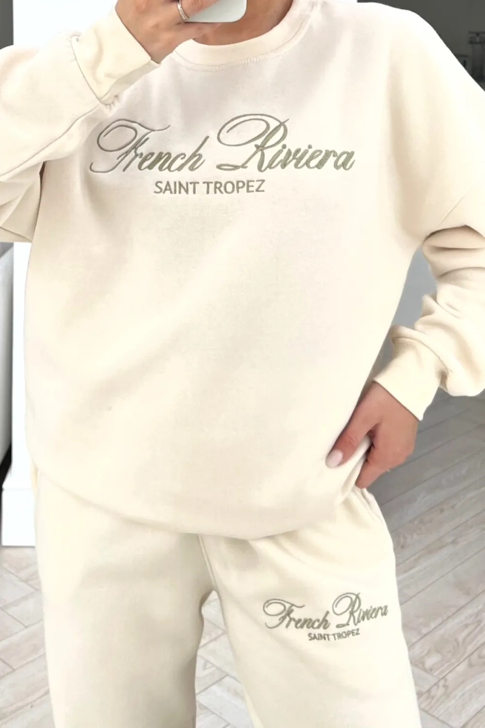 French Riviera ecru embroidered jogger sweater loungewear set