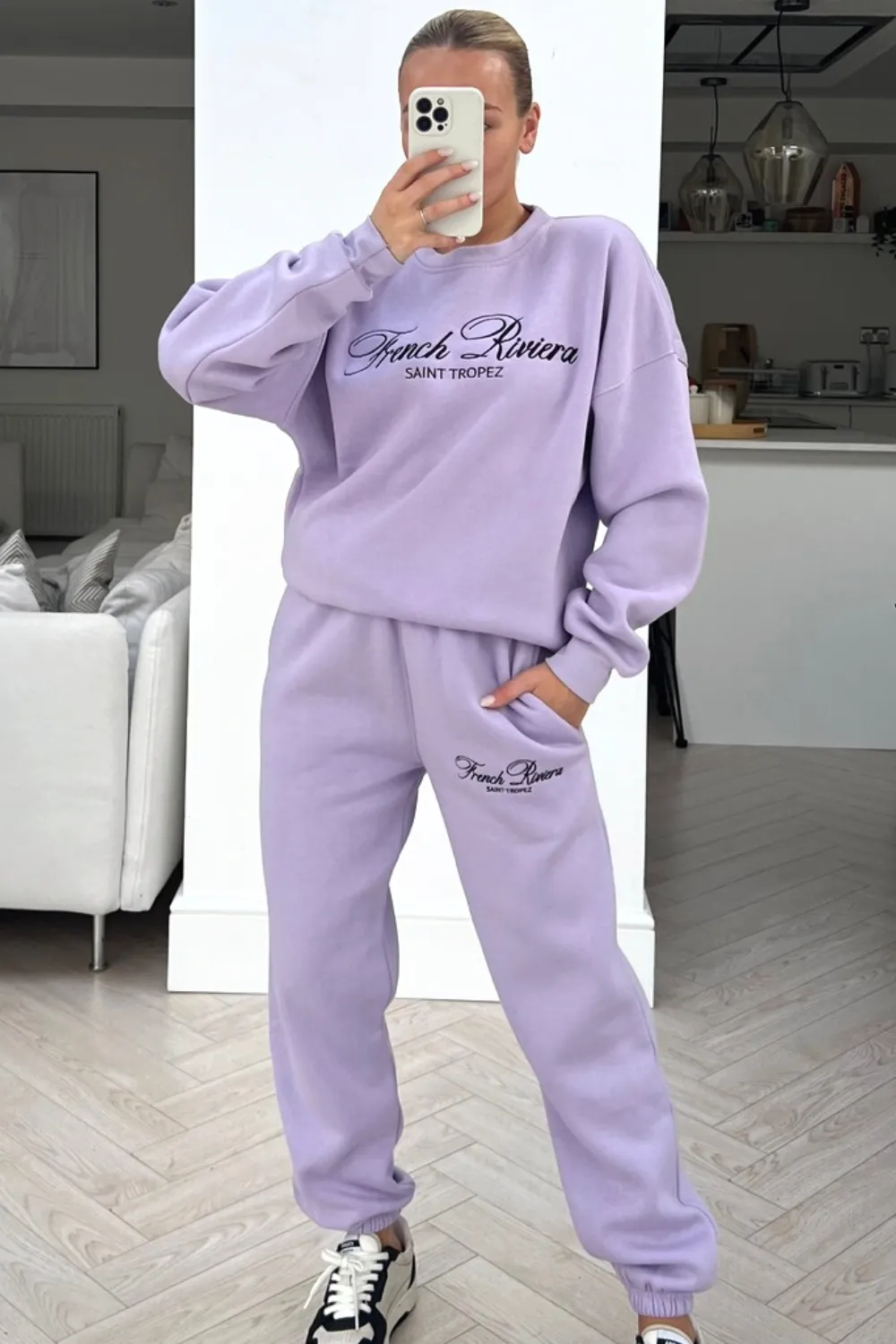 French Riviera Lilac embroidered jogger sweater loungewear set