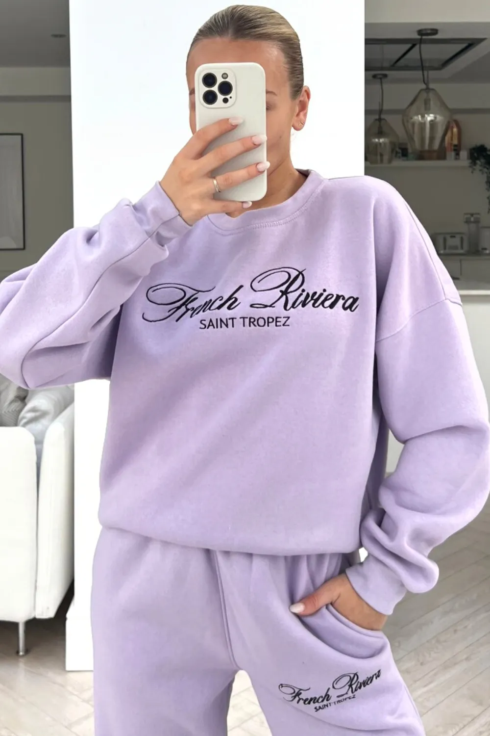 French Riviera Lilac embroidered jogger sweater loungewear set