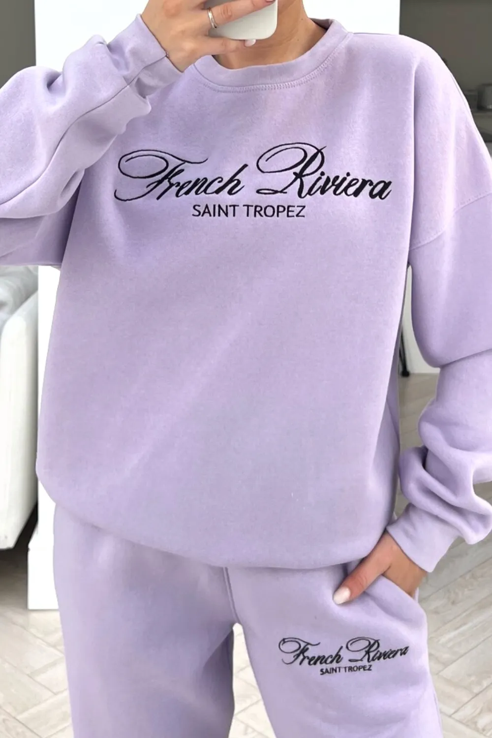 French Riviera Lilac embroidered jogger sweater loungewear set