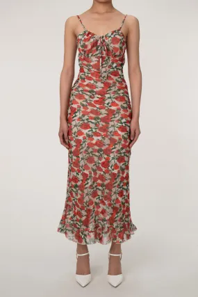 French Style Ruched Tie Neck Floral Print Fishtail Slip Maxi Sundress