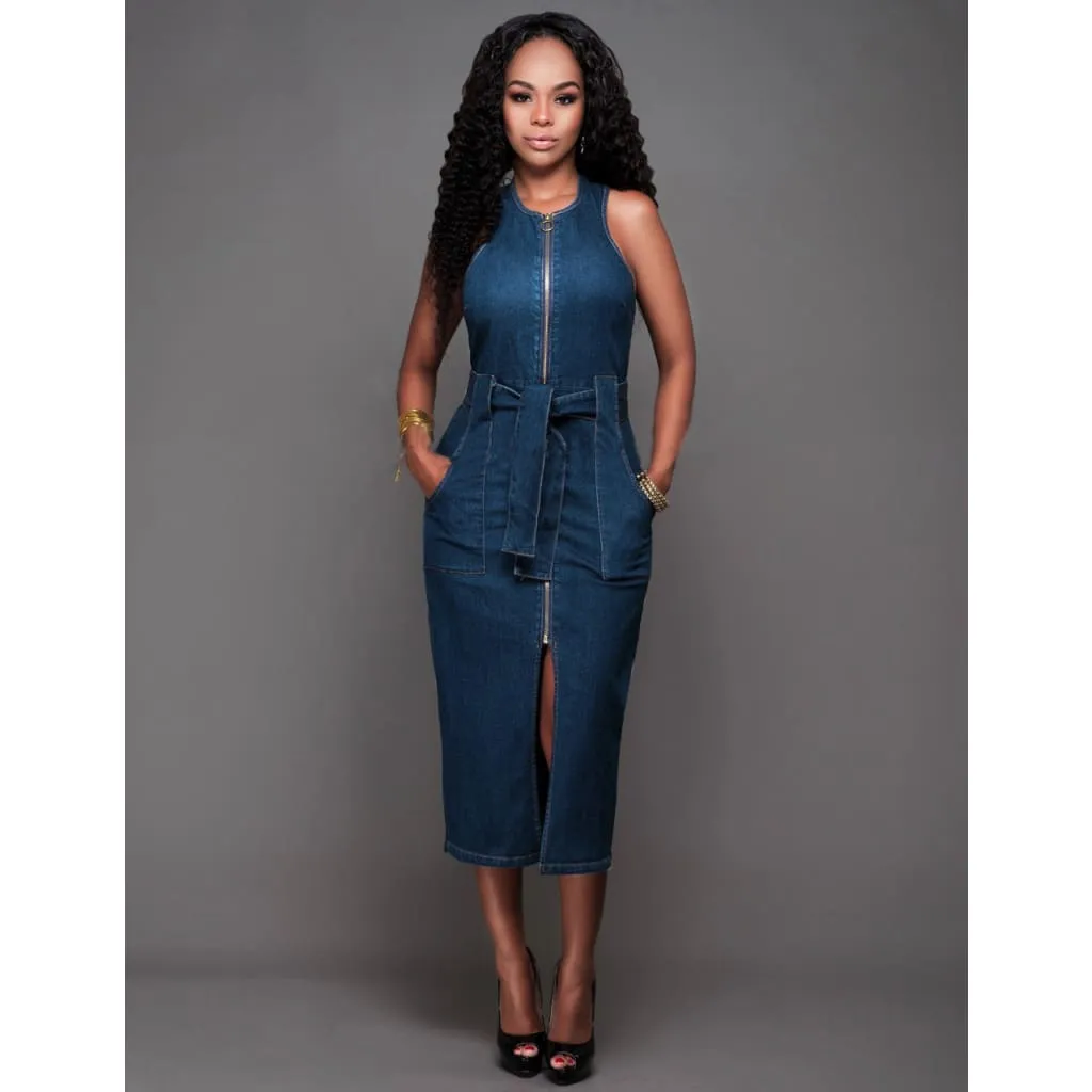 Front Zip Up Split Hem Side Pocket Belted Bodycon Denim Dress