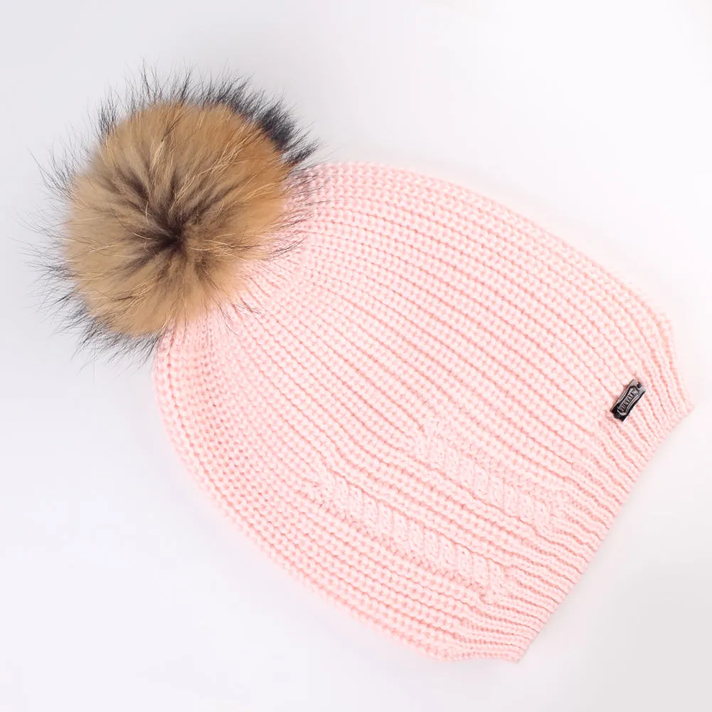 FURTALK Women Winter Real Fur  Slouchy Pompom Hat Drop Shipping  AD009