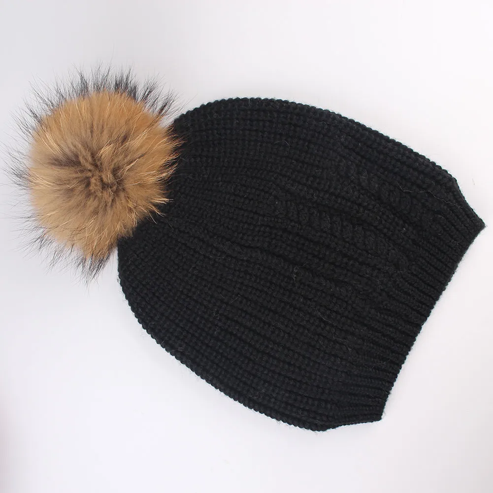 FURTALK Women Winter Real Fur  Slouchy Pompom Hat Drop Shipping  AD009