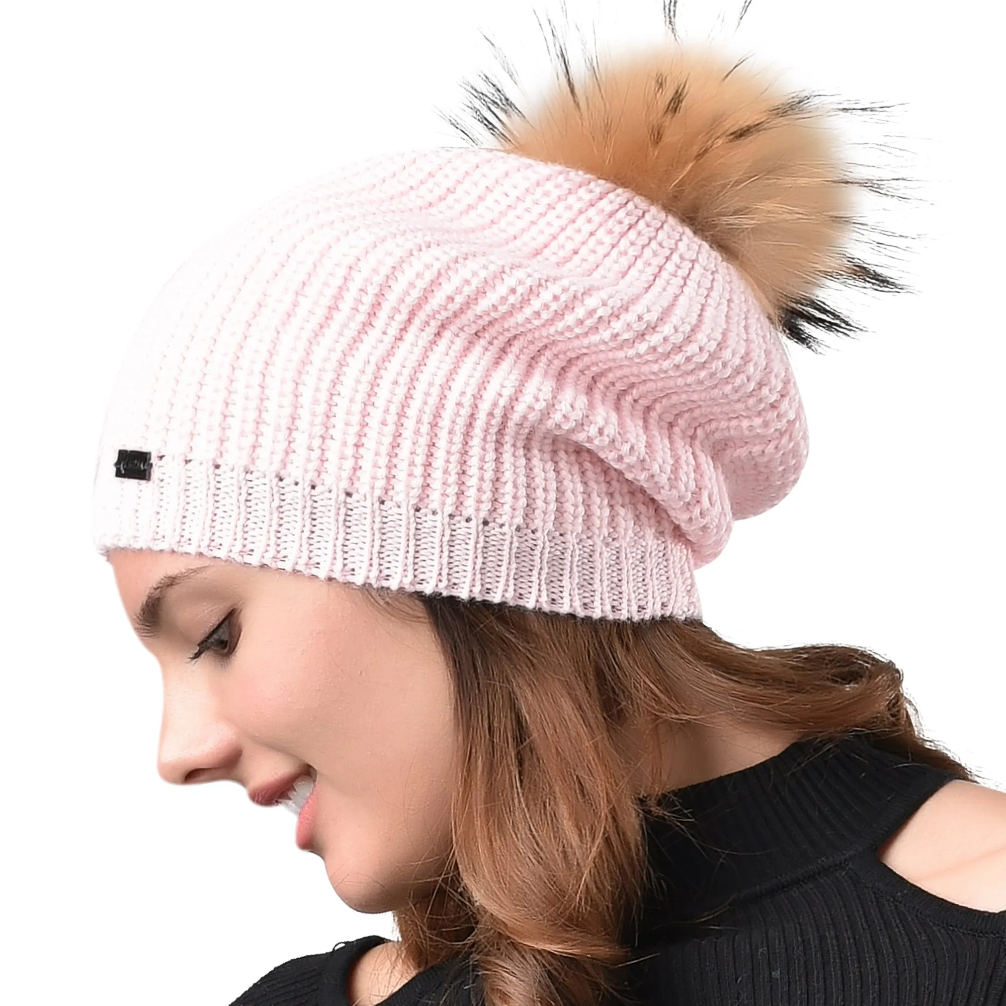 FURTALK Women Winter Real Fur  Slouchy Pompom Hat Drop Shipping  AD009