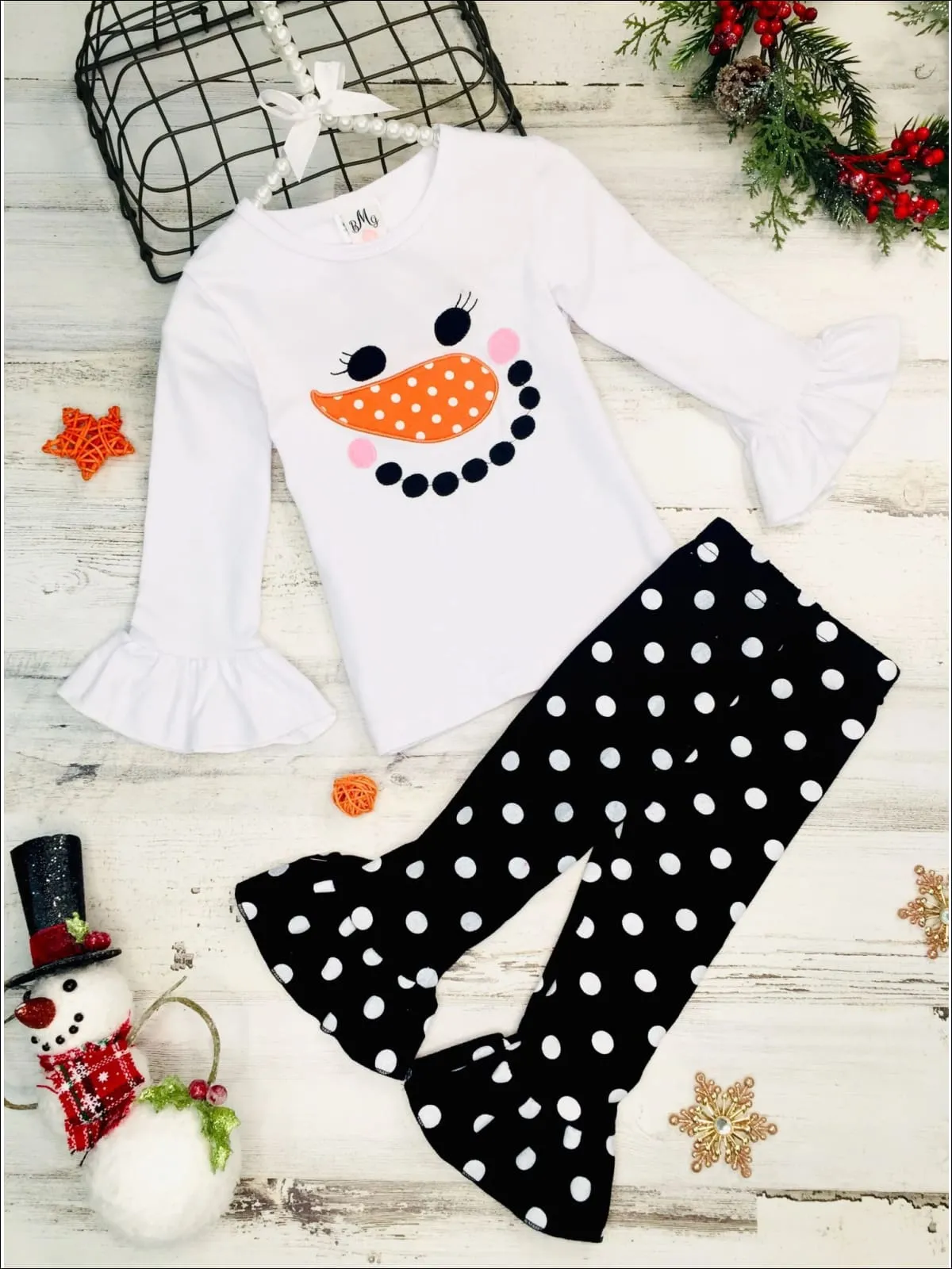 Girls Long Ruffled Sleeve Snowman Top And Ruffled Polka Dot Legging Set