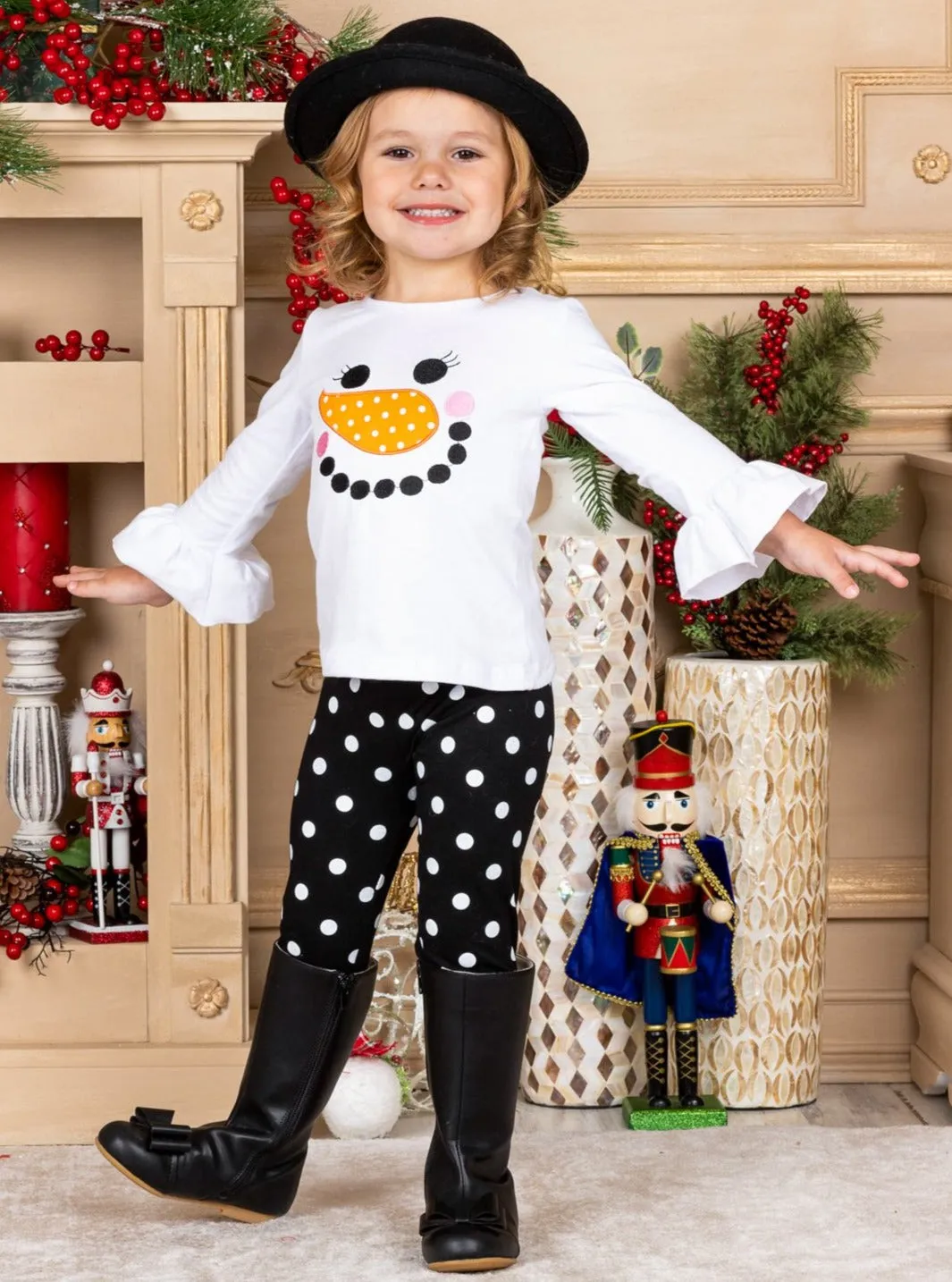 Girls Long Ruffled Sleeve Snowman Top And Ruffled Polka Dot Legging Set