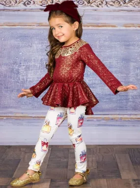 Girls Long Sleeve Peplum Bow Top And Matching Legging Set