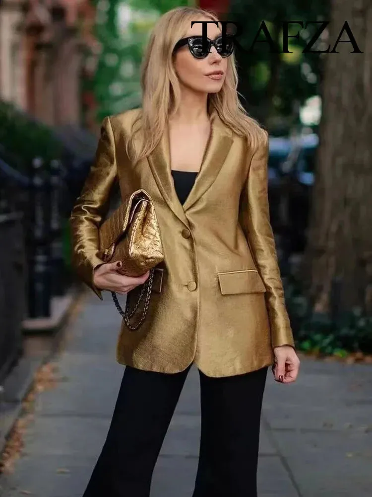 Gold Retro Long Sleeve Casual Blazer Tops