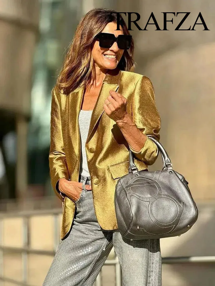 Gold Retro Long Sleeve Casual Blazer Tops