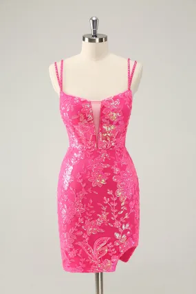 Gorgeous Hot Pink Bodycon Spaghetti Straps Glittler Homecoming Dress with Lace Up Back