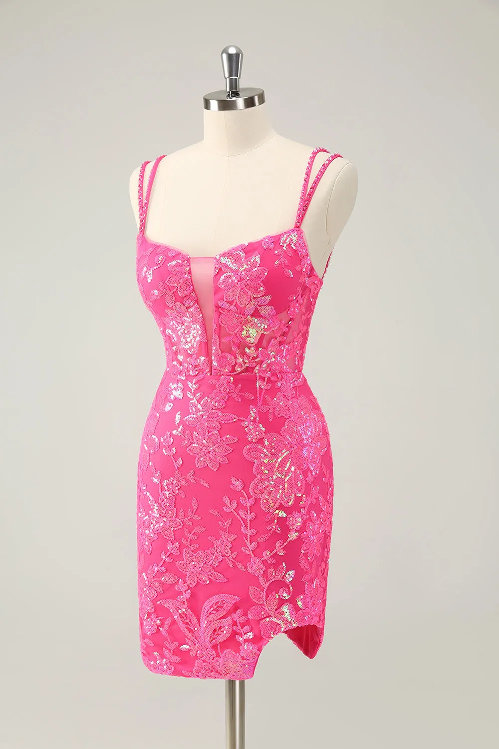 Gorgeous Hot Pink Bodycon Spaghetti Straps Glittler Homecoming Dress with Lace Up Back