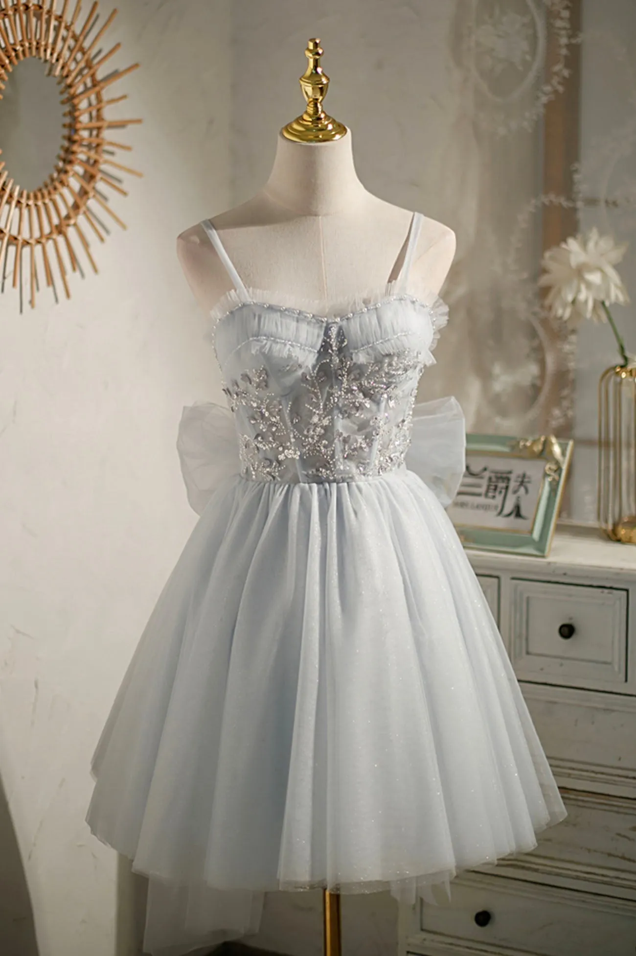 Gray Tulle Short A-Line Prom Dress, Cute Evening Party Dress