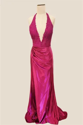 Halter Fuchsia Lace Long Dress with Slit