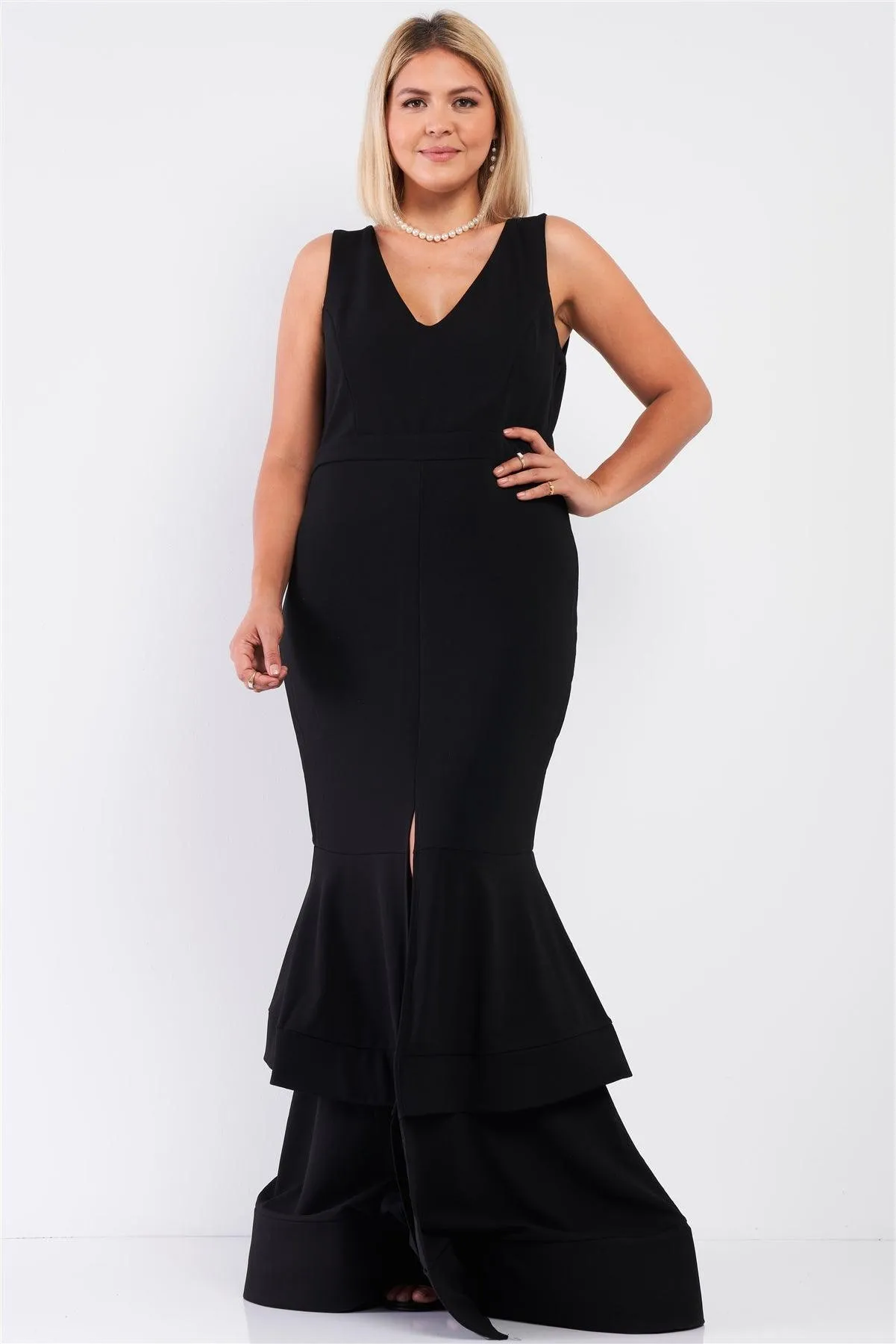 Junior Plus Black Sleeveless V-Neck Front Slip Layered Flare Hem Maxi Mermaid Dress /1-1-1