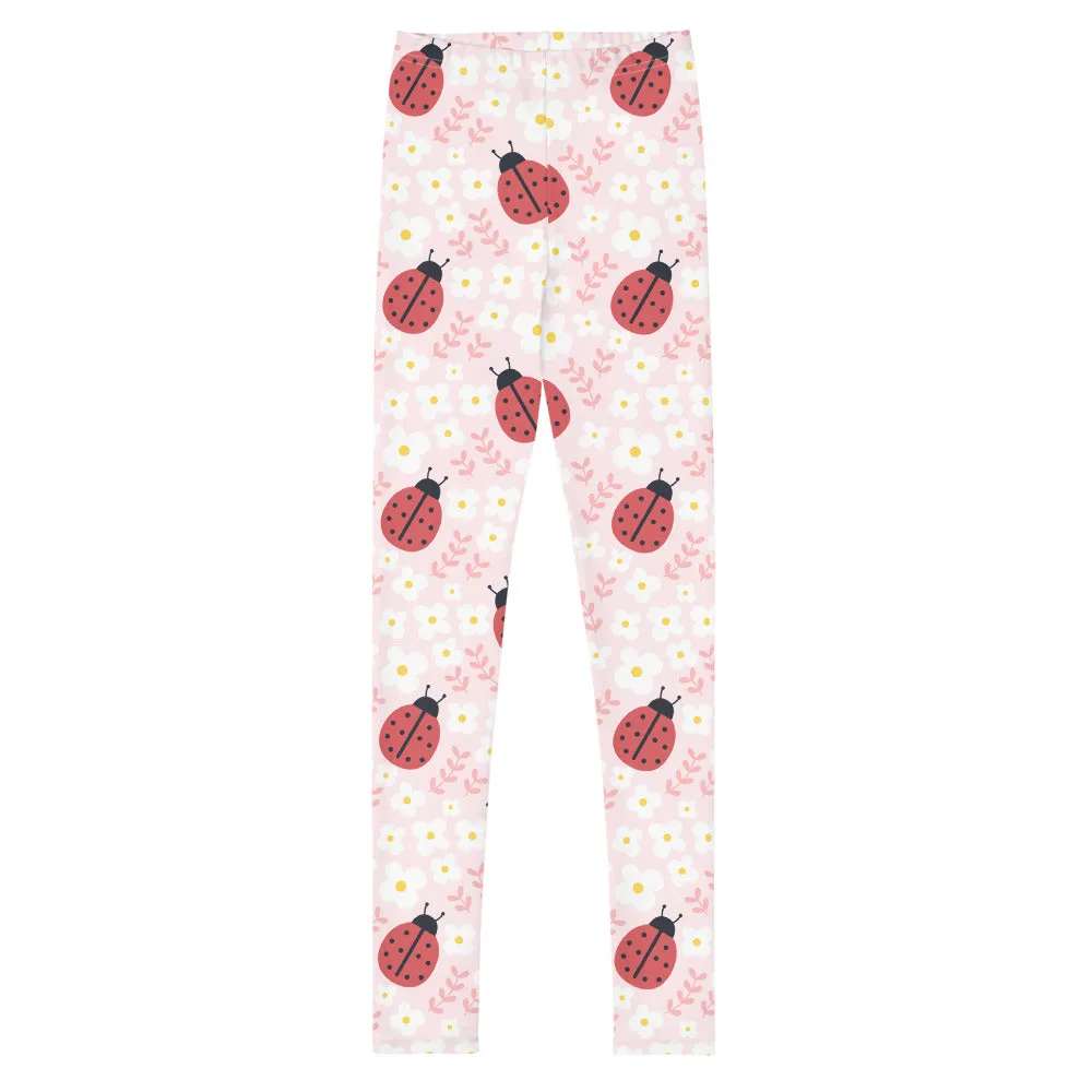 Ladybug Print Girls Leggings (8-20), Pink Youth Teen Cute Printed Kids Yoga Tween Pants Graphic Fun Tights Gift Daughter 