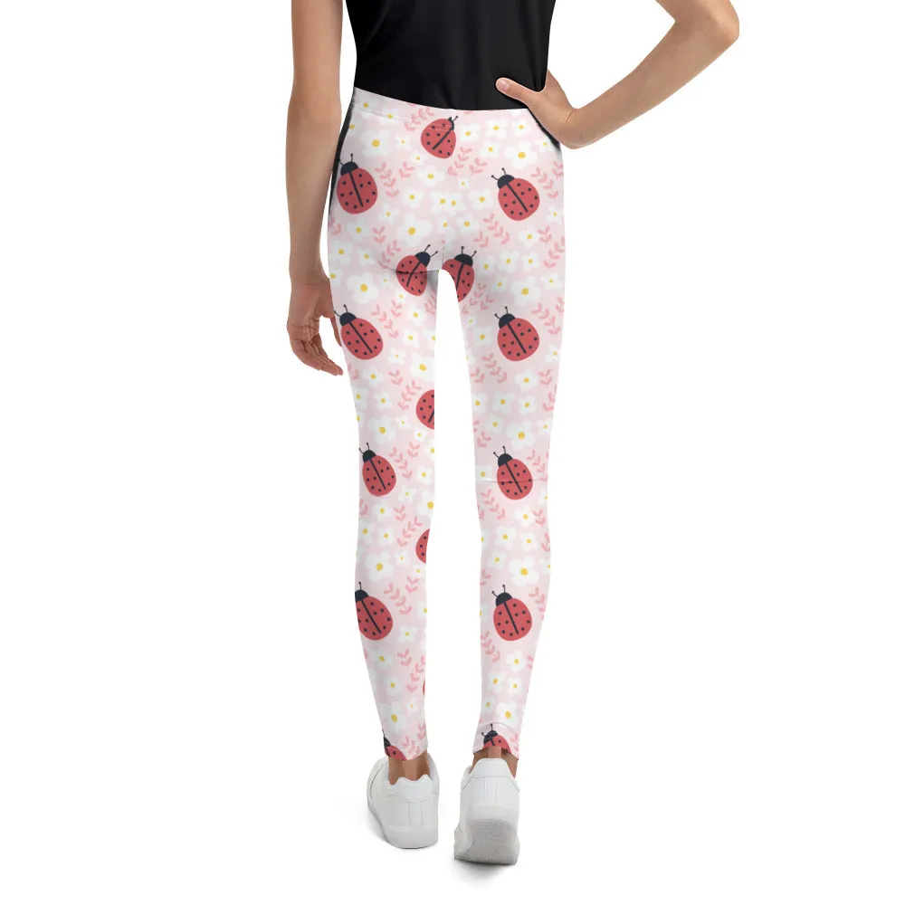 Ladybug Print Girls Leggings (8-20), Pink Youth Teen Cute Printed Kids Yoga Tween Pants Graphic Fun Tights Gift Daughter 