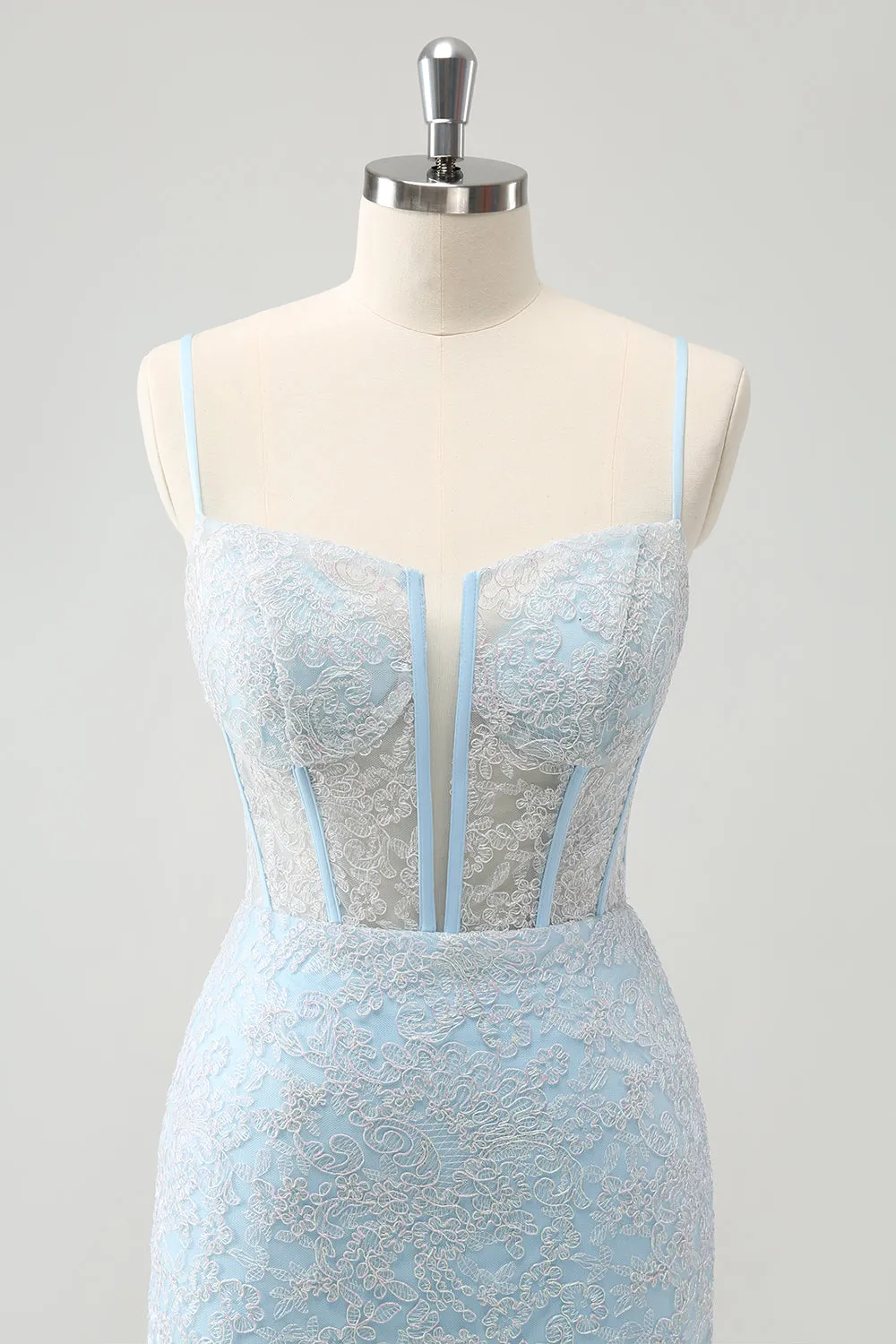 Light Blue Corset Spaghetti Straps Short Tight Homecoming Dresses with Lace Up Back