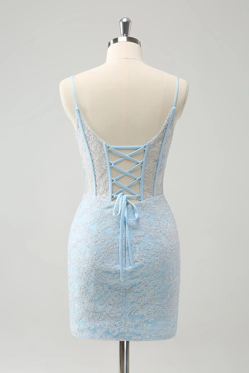 Light Blue Corset Spaghetti Straps Short Tight Homecoming Dresses with Lace Up Back