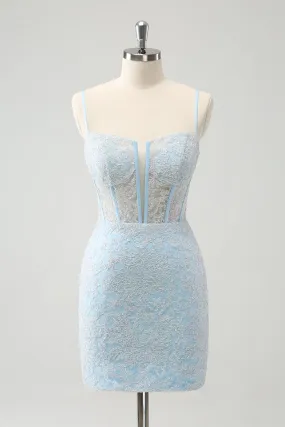 Light Blue Corset Spaghetti Straps Short Tight Homecoming Dresses with Lace Up Back