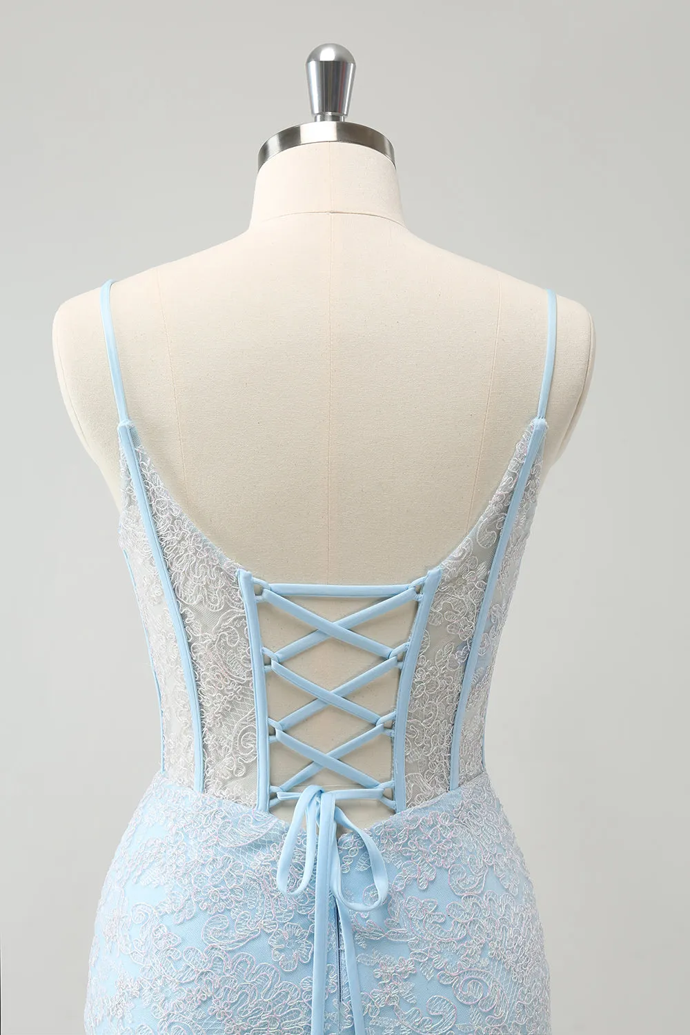 Light Blue Corset Spaghetti Straps Short Tight Homecoming Dresses with Lace Up Back