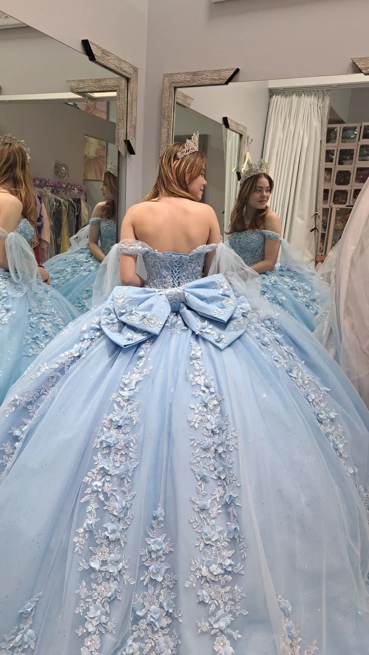 Light blue quinceanera dress, ball gown 3D flower lace birthday party gown      fg6060