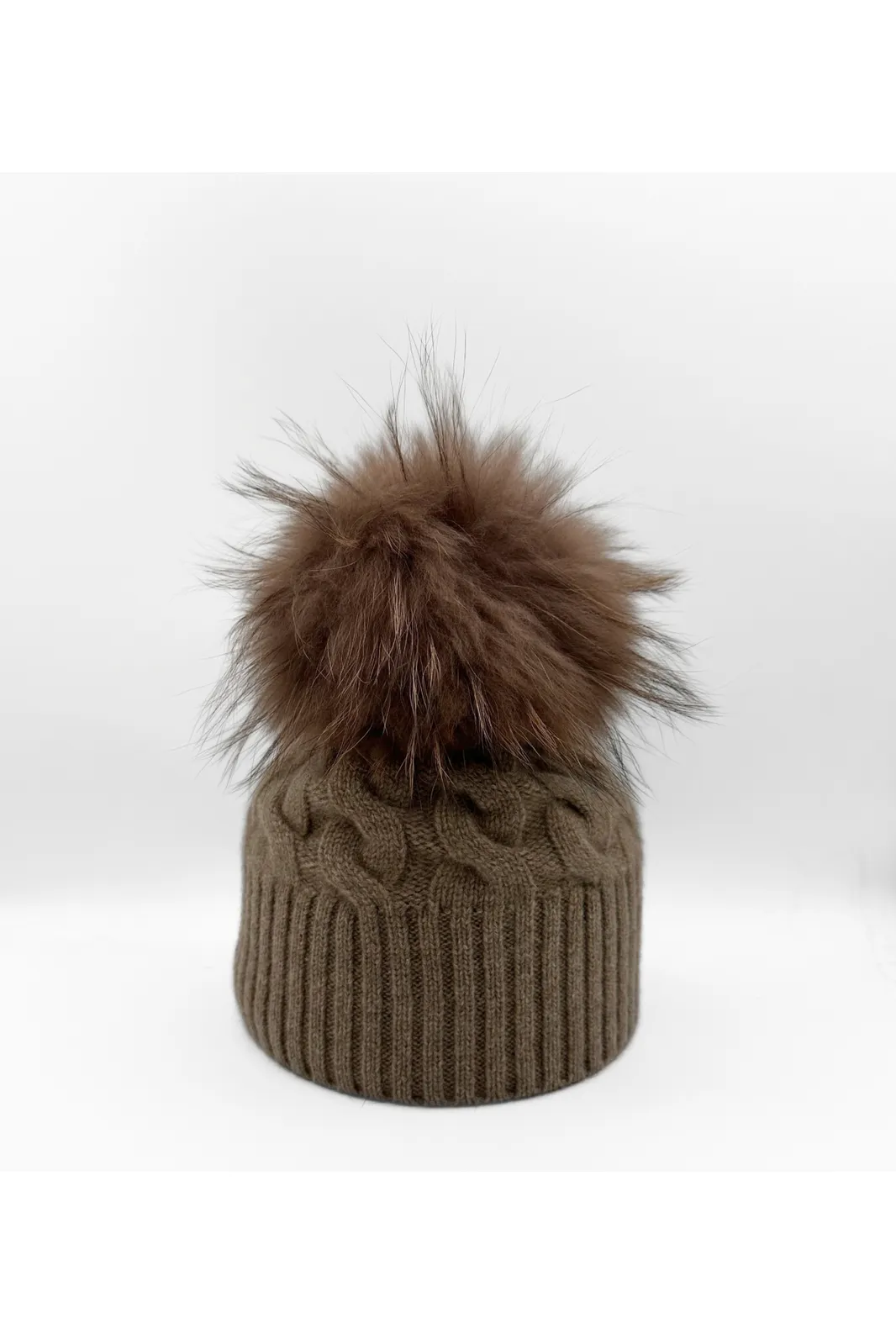 Linda Richards Cashmere Single Knit Cable Pom-pom Hat HA-95 | Brown