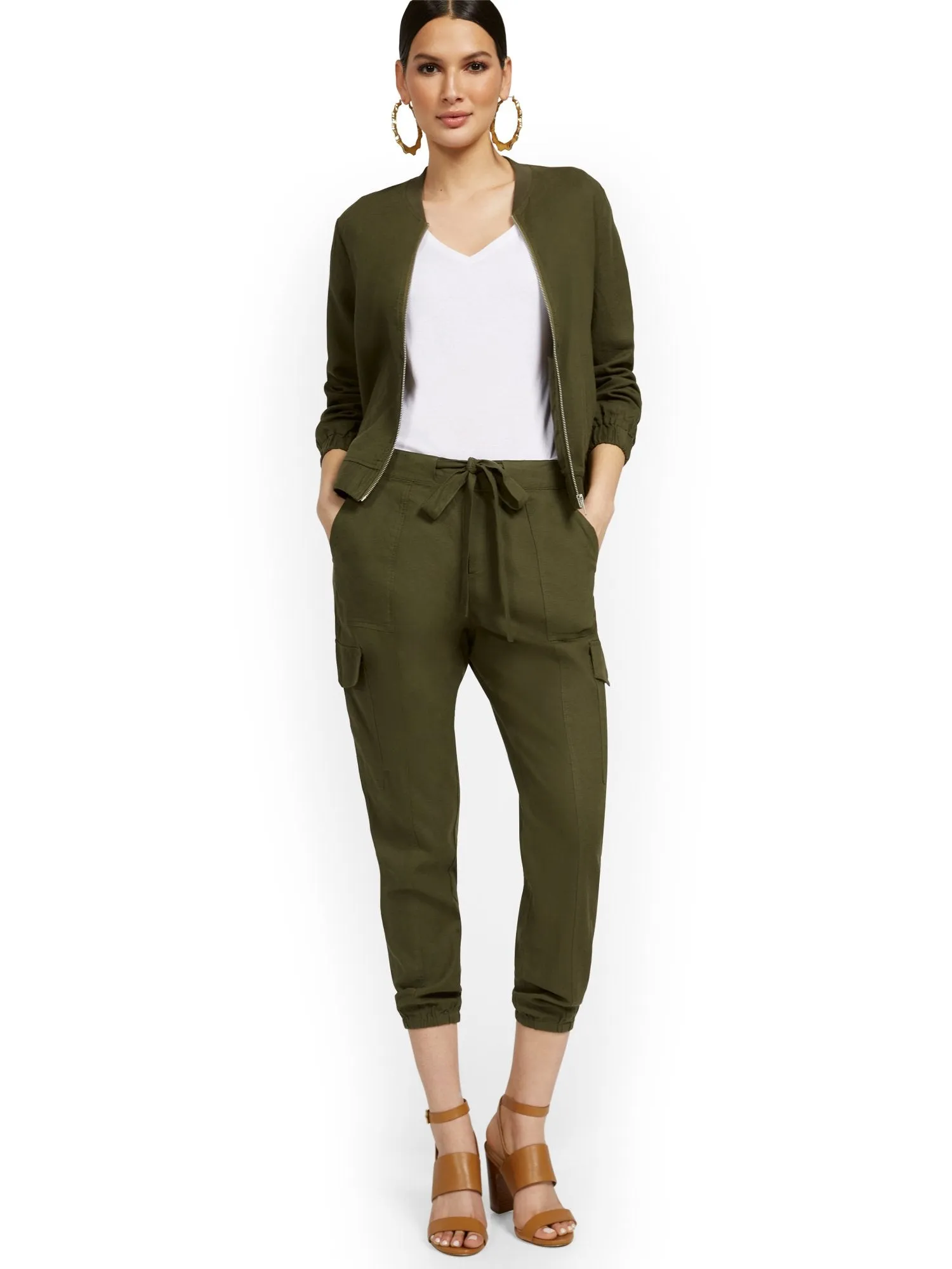 Linen-Blend High-Waisted Cargo Jogger Pant