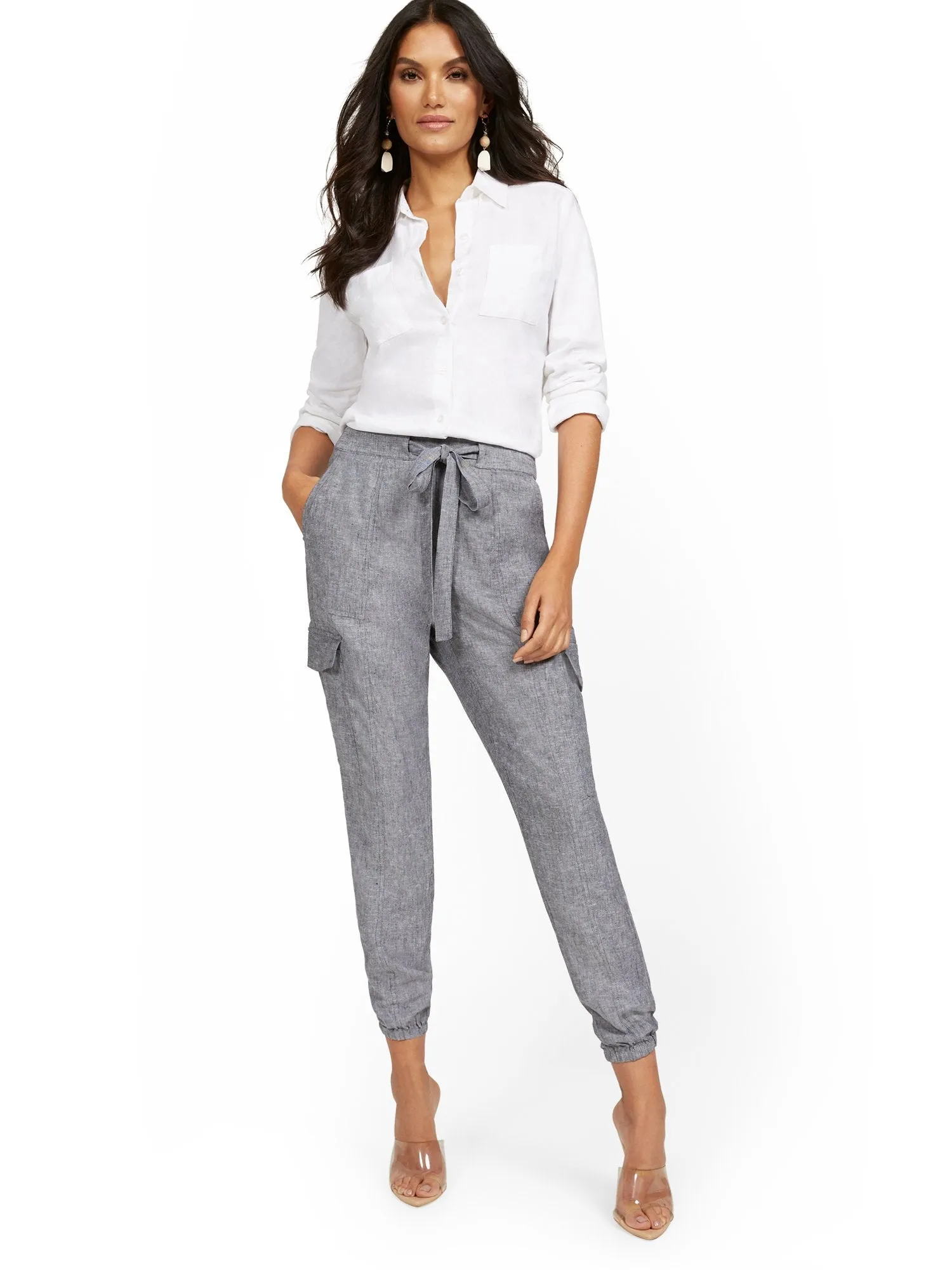 Linen-Blend High-Waisted Cargo Jogger Pant