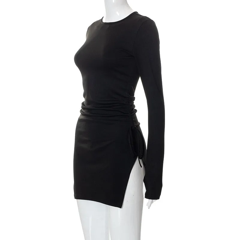 Long Sleeve Black Charming Bodycon Drawstring Dress