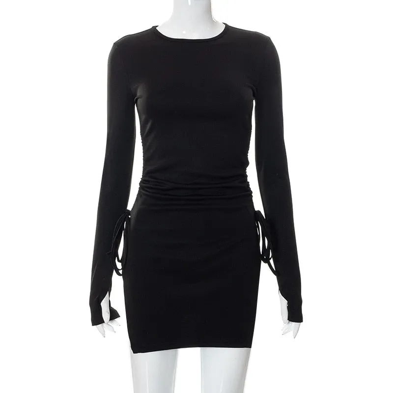 Long Sleeve Black Charming Bodycon Drawstring Dress