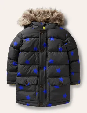 Longline Padded Jacket-Soot Grey/Brilliant Blue Star