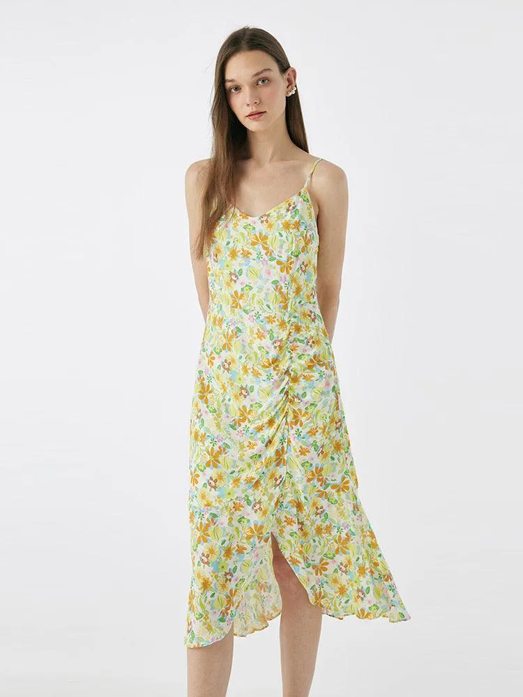 Lovely Printed Shirring Slip Asymmetric Dress