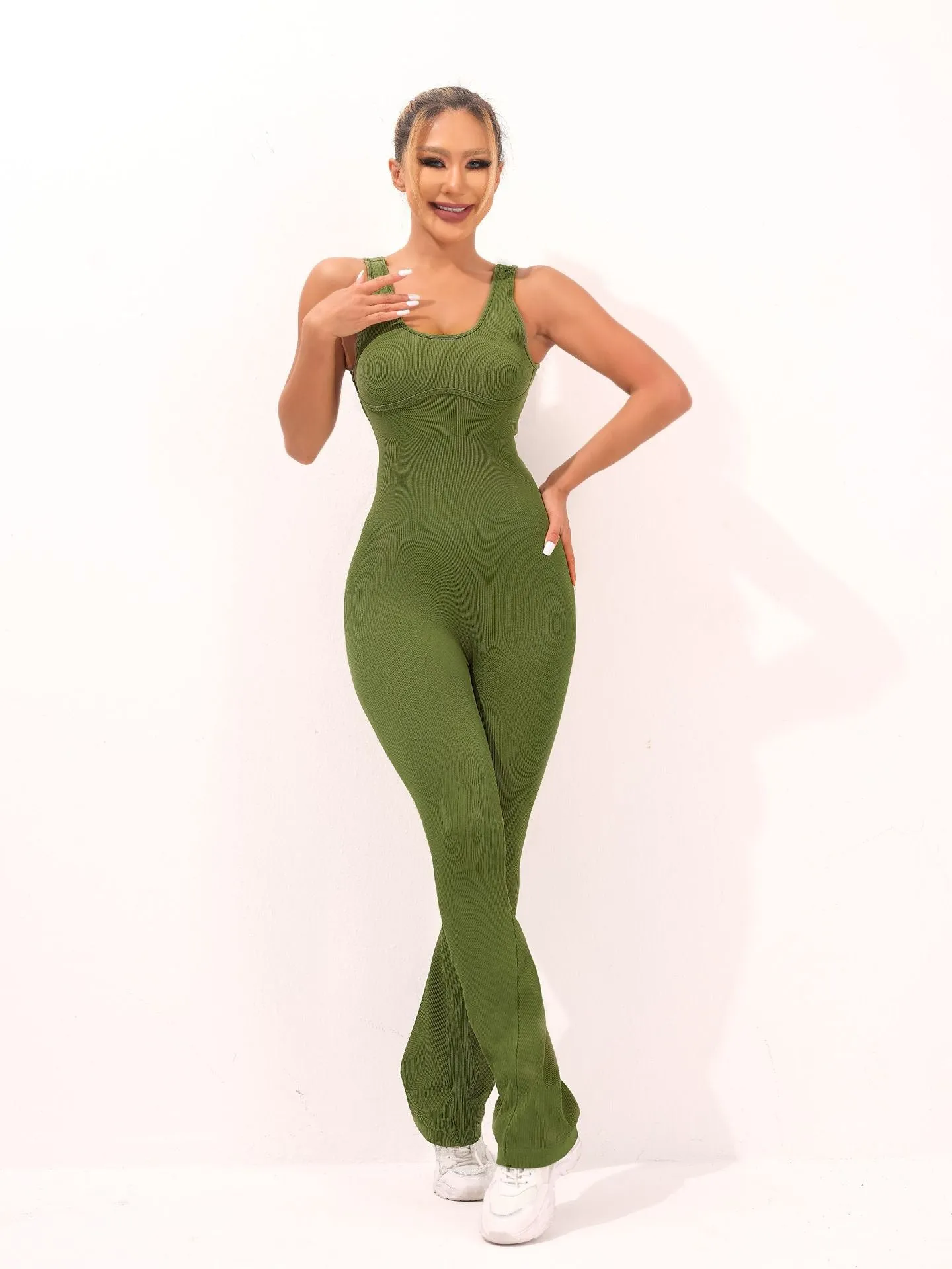 MB FASHION RIBBED SEAMLESS FLARE WORKOUT JUMPSUIT 246LY