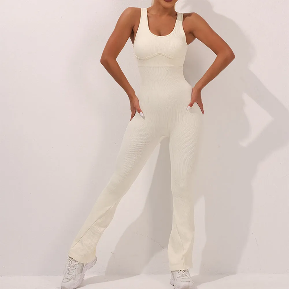 MB FASHION RIBBED SEAMLESS FLARE WORKOUT JUMPSUIT 246LY