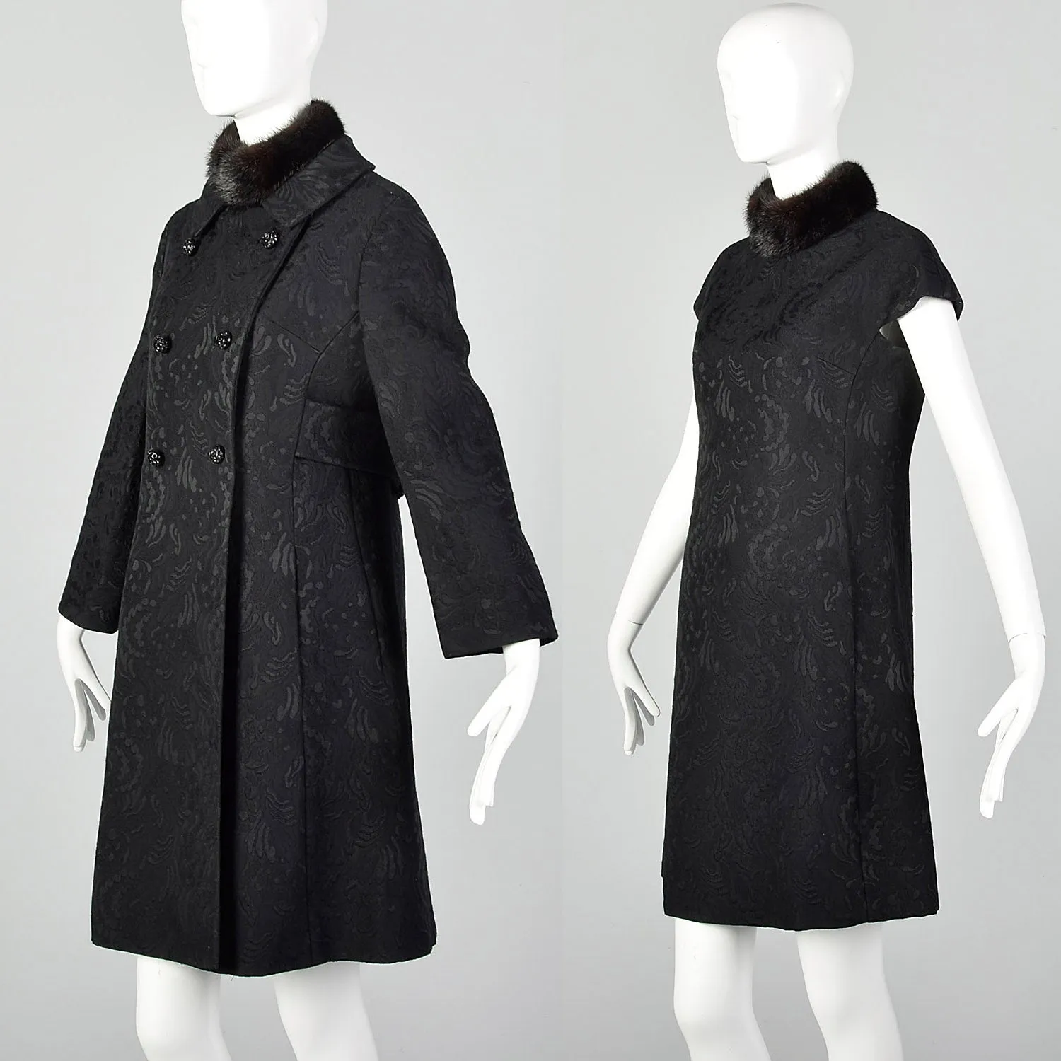 Medium 1960s Black Wool Brocade Coat and Dress Set