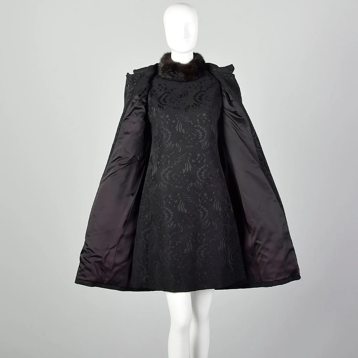 Medium 1960s Black Wool Brocade Coat and Dress Set